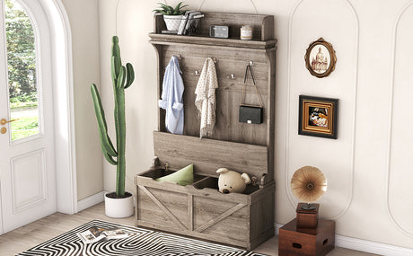 Hall tree with storage desk, entrance desk with drawers and 5 hooks, display rack,Oak - V.I.P Digital Presence