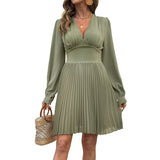 V-Neck Long Sleeve Solid Color Pleated Elegant Women's Dress - V.I.P Digital Presence