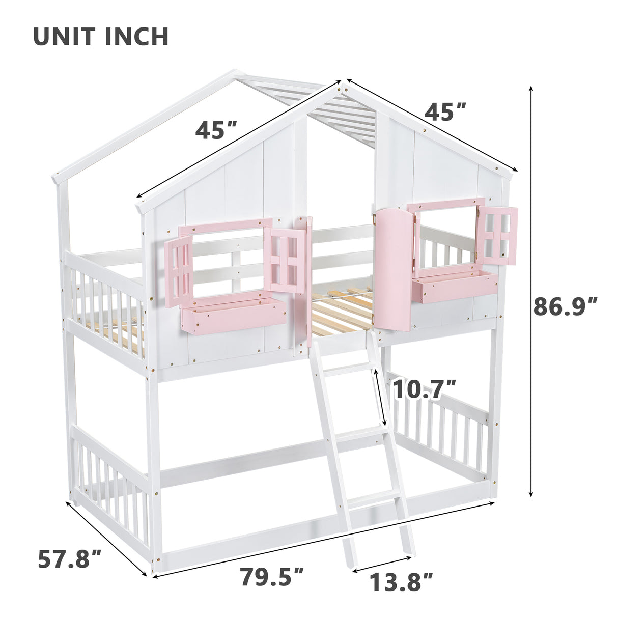 Twin over Twin House Bunk Bed with Roof , Window, Window Box, Door , with Safety Guardrails and Ladder, Pink/White - V.I.P Digital Presence