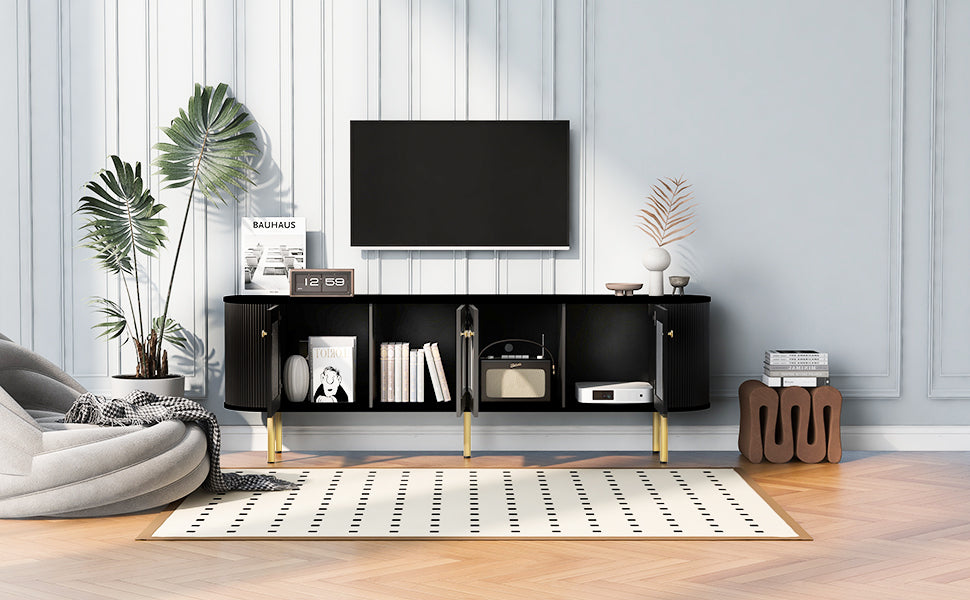 U-Can Modern TV Stand for TVs up to 80 Inches with 4 Cabinets with Metal Legs and Handles for Living room, Black - V.I.P Digital Presence