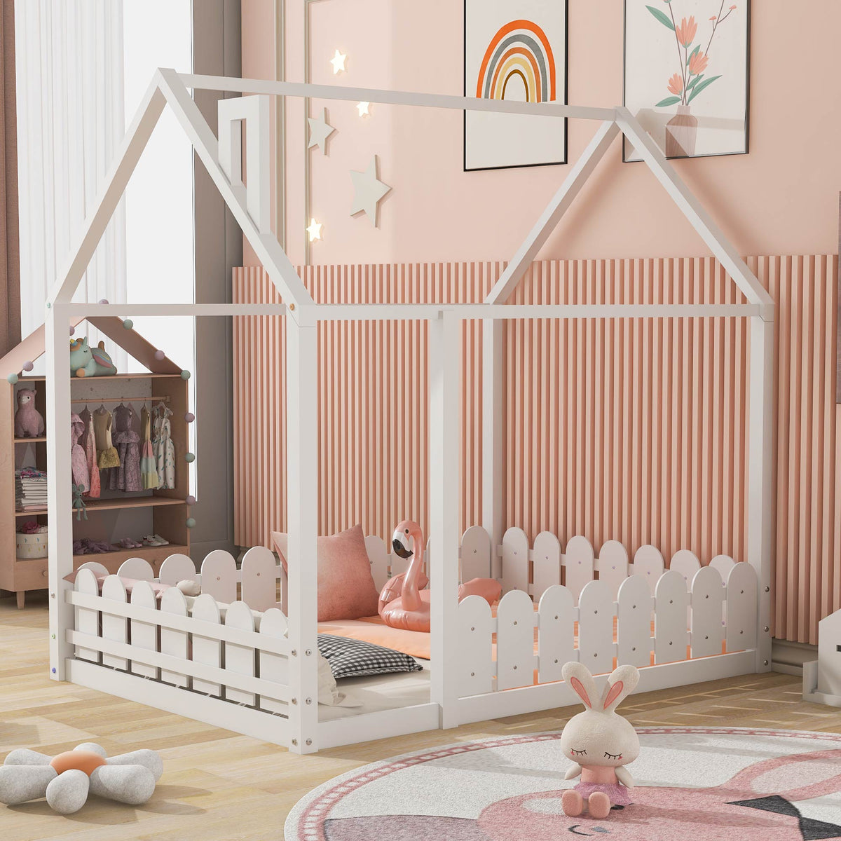 (Slats are not included) Full Size Wood Bed House Bed Frame with Fence for Kids Teens Girls Boys (White ) - V.I.P Digital Presence