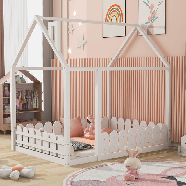 (Slats are not included) Full Size Wood Bed House Bed Frame with Fence for Kids Teens Girls Boys (White ) - V.I.P Digital Presence