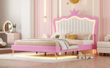 Full Size Upholstered Bed Frame with LED Lights, Modern Upholstered Princess Bed with Crown Headboard, Pink+White - V.I.P Digital Presence