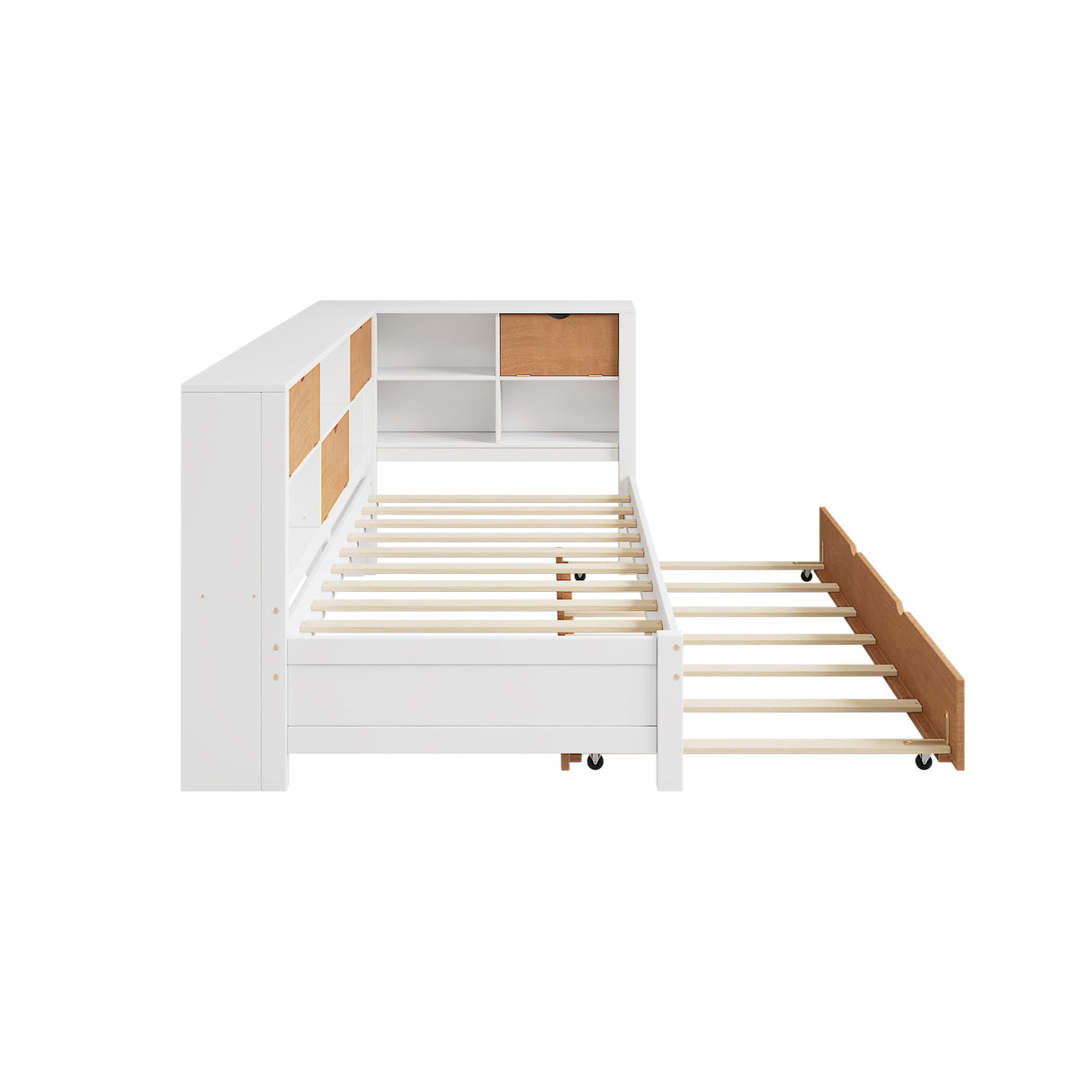 L-shaped bed frame with luggage and bookshelf, corner bed wooden captain's bed LED tube light and USB port walnut and white - V.I.P Digital Presence