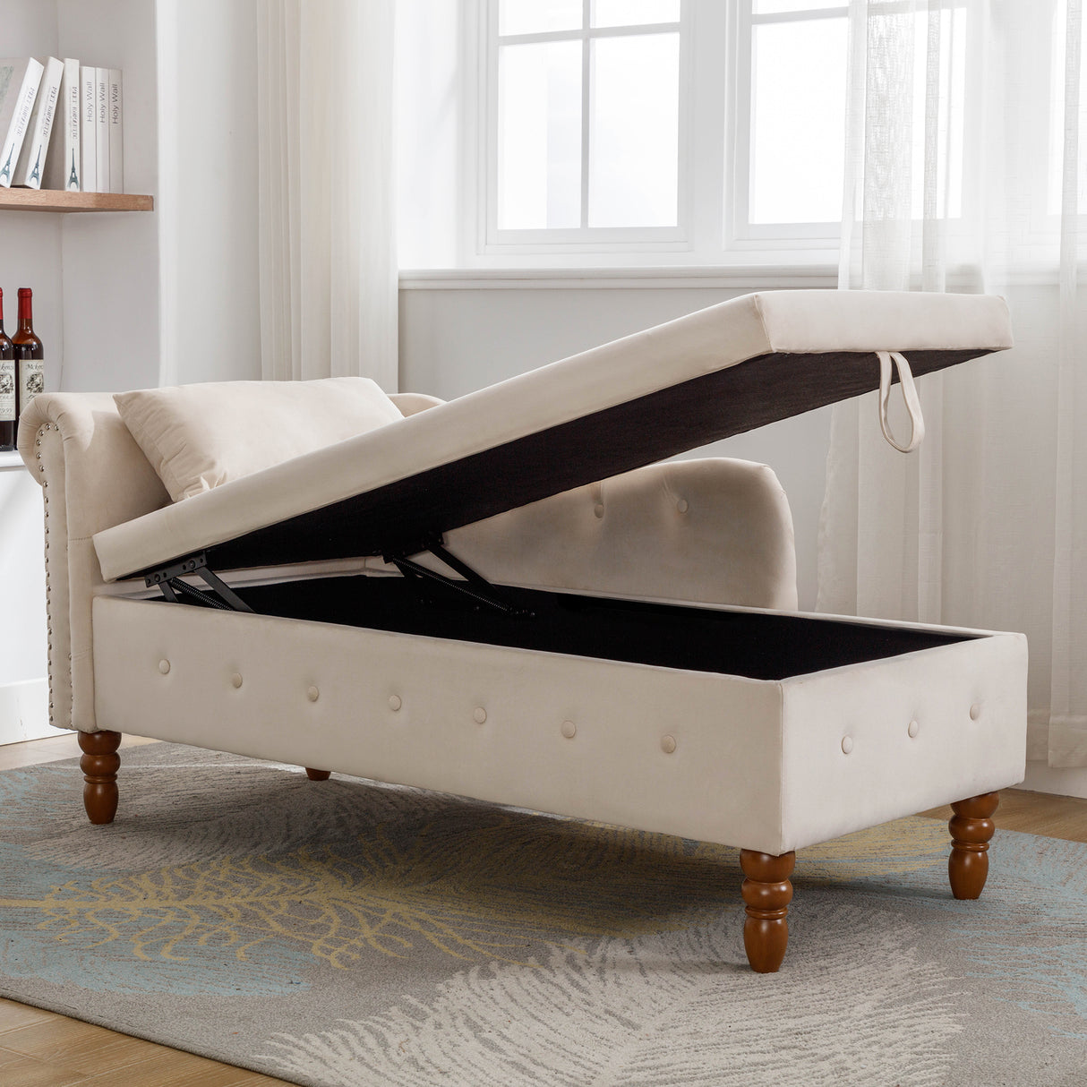 Beige Chaise Lounge Indoor Velvet Lounge Chair for Bedroom with Storage & Pillow Modern Upholstered Rolled Arm Chase Lounge - V.I.P Digital Presence