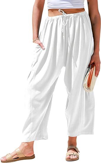 European and American women's elastic waisted pleated high waisted wide leg loose Haren cotton linen pants - V.I.P Digital Presence