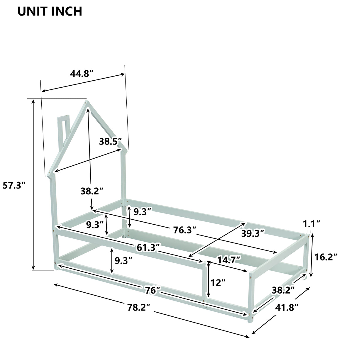 Twin Size Wood bed with House-shaped Headboard Floor bed with Fences,Light Green - V.I.P Digital Presence