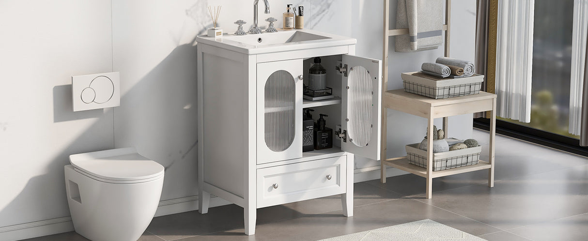 24" Bathroom Vanity with Sink, Bathroom Vanity Cabinet with One Drawer and Doors, Adjustable Shelf, Solid Wood and MDF, White - V.I.P Digital Presence