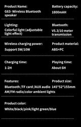 Bluetooth Speaker G63 Colorful Lights Clock Wireless Charging Multifunctional Bluetooth Speaker Colorful Atmosphere Alarm Clock - V.I.P Digital Presence