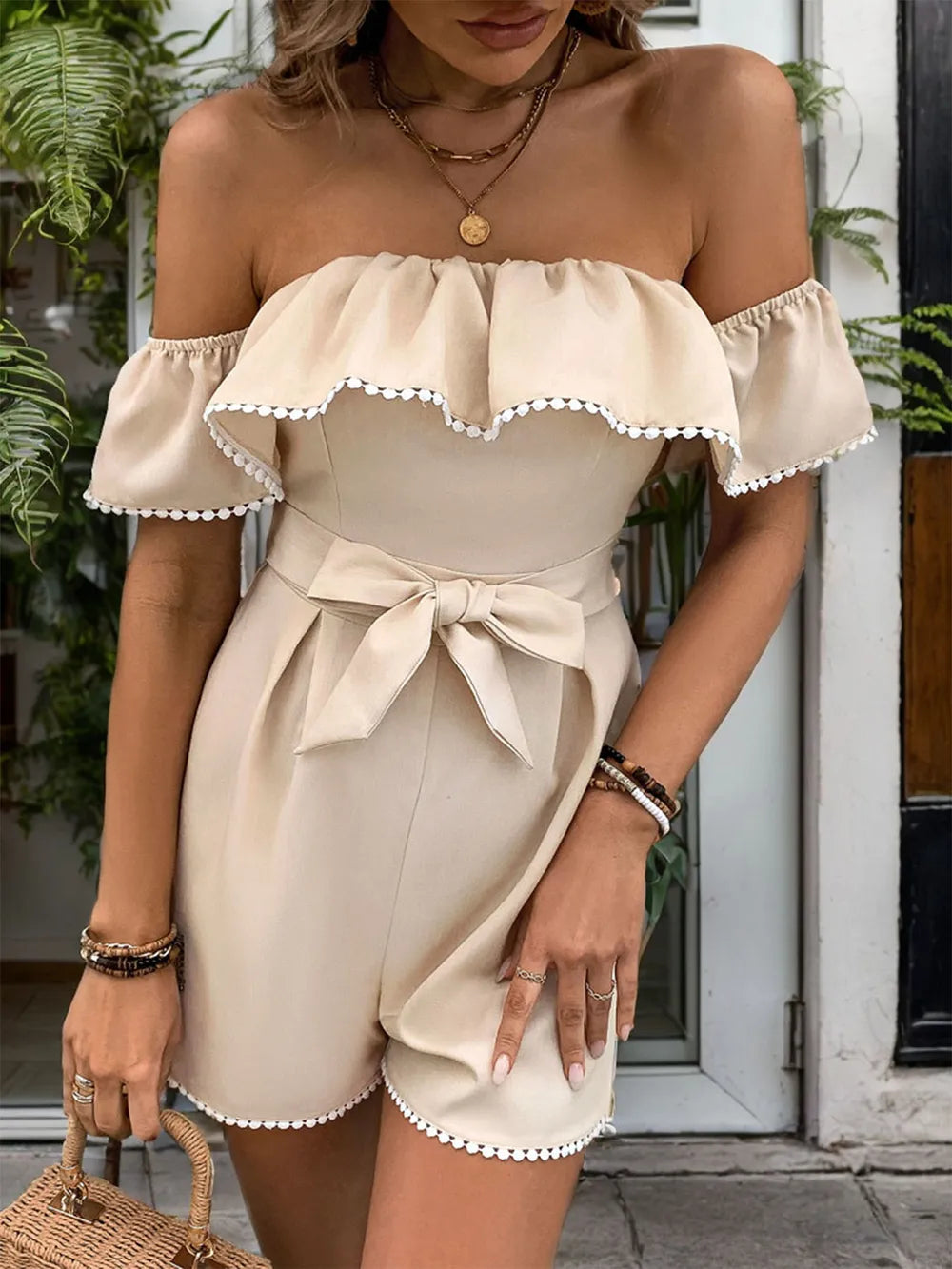 Tied Ruffled Off-Shoulder Short Sleeve Romper - V.I.P Digital Presence