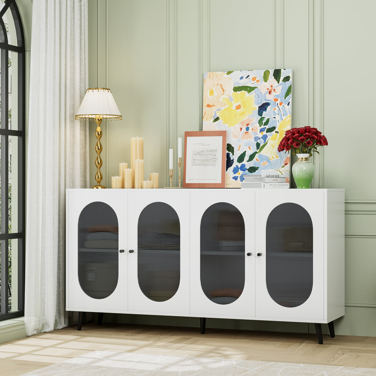 Modern Accent Sideboard Cabinet with Acrylic Doors, Freestanding Storage Cupboard Console Table for Kitchen Dining White - V.I.P Digital Presence