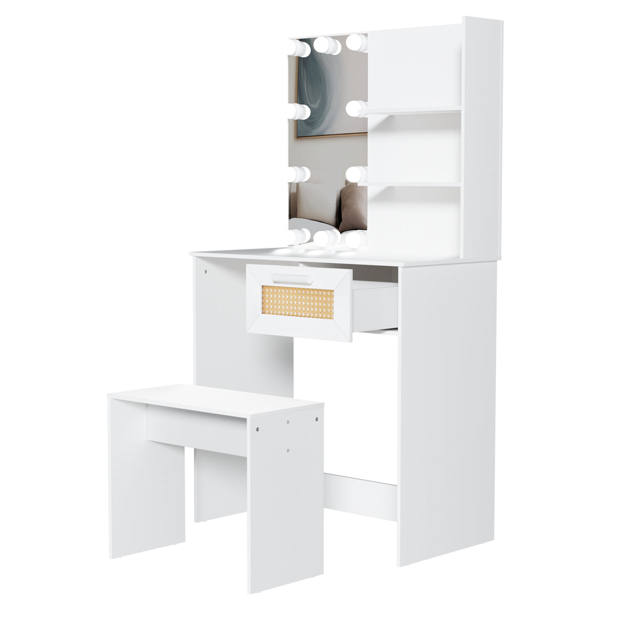 Vanity Desk Set Stool & Dressing Table with LED Lighting Mirror Drawer and Wood Cosmetic Table Chest of Drawers White Color - V.I.P Digital Presence