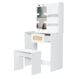Vanity Desk Set Stool & Dressing Table with LED Lighting Mirror Drawer and Wood Cosmetic Table Chest of Drawers White Color - V.I.P Digital Presence