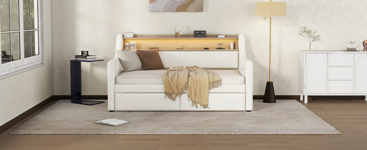 Twin Size Daybed with Drawers, Upholstered Daybed with Charging Station and LED Lights, White - V.I.P Digital Presence
