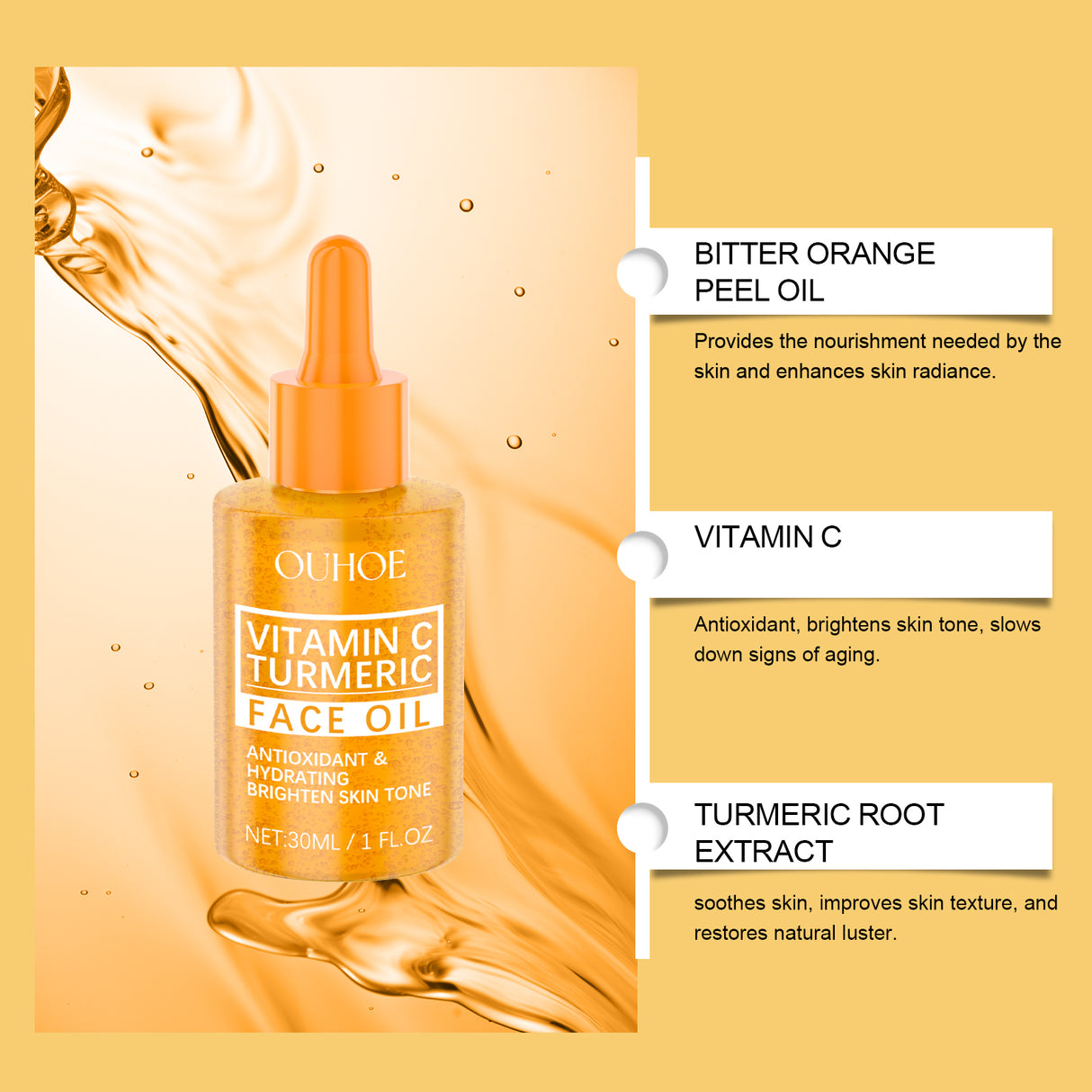 Aceite iluminador de cúrcuma y vitamina C, aceite esencial hidratante facial con vitamina C que hidrata, ilumina y nutre la piel.