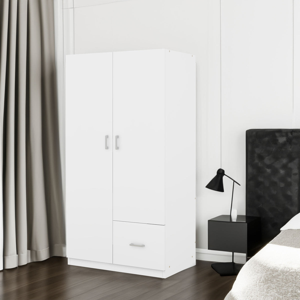 Wooden Wardrobe with Double Doors, Armoire with Hanging Rod, 5 Fixed Shelves, One Storage Drawer,White - V.I.P Digital Presence