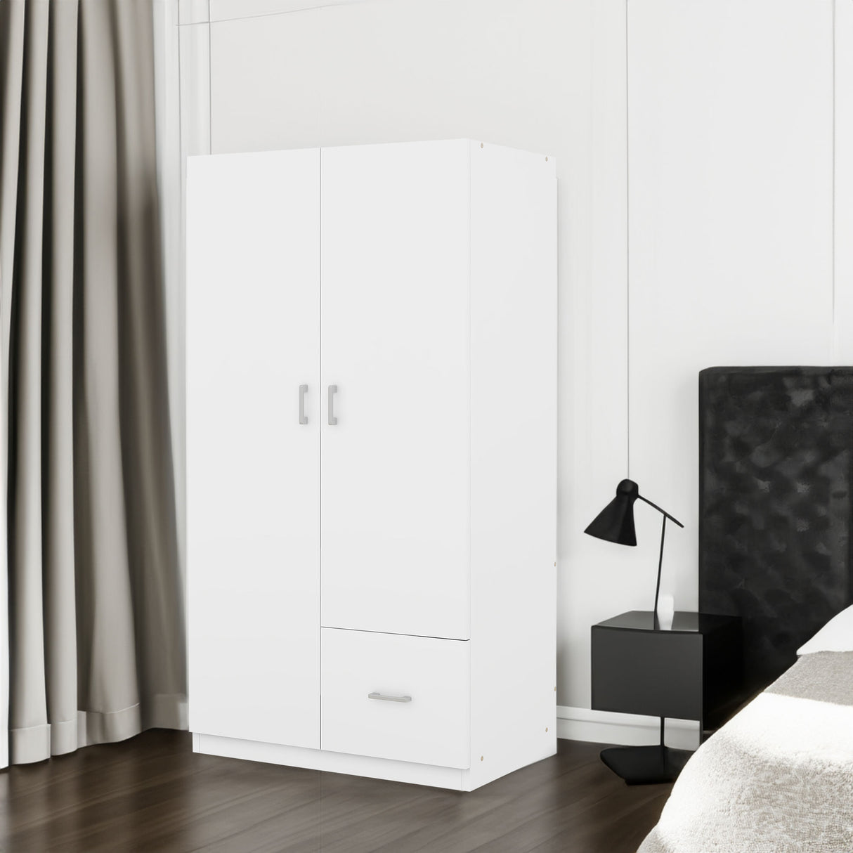 Wooden Wardrobe with Double Doors, Armoire with Hanging Rod, 5 Fixed Shelves, One Storage Drawer,White - V.I.P Digital Presence