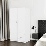 Wooden Wardrobe with Double Doors, Armoire with Hanging Rod, 5 Fixed Shelves, One Storage Drawer,White - V.I.P Digital Presence