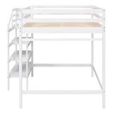 Full Size Loft Bed with Built-in Storage Staircase and Hanger for Clothes  White