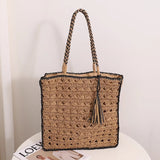Square tassel single shoulder grass woven bag small fresh hollow handmade grass woven bag women's beach bag - V.I.P Digital Presence