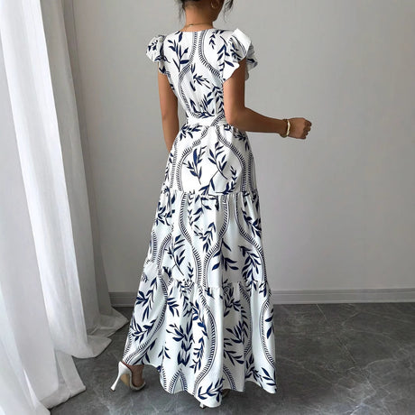 Spring Summer New Printed Ruffled V-Neck Sexy Fitted Slimming Long Dress Gown - V.I.P Digital Presence