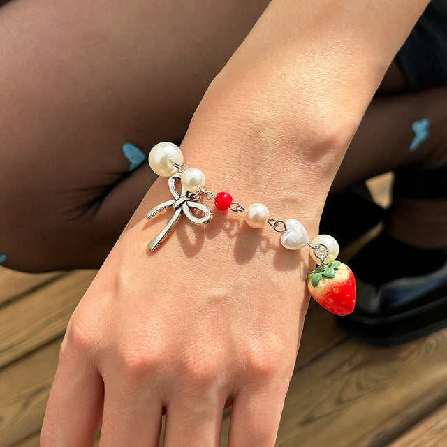 Sweet strawberry bow bracelet Bracelet temperament versatile imitation pearl vacation jewelry - V.I.P Digital Presence