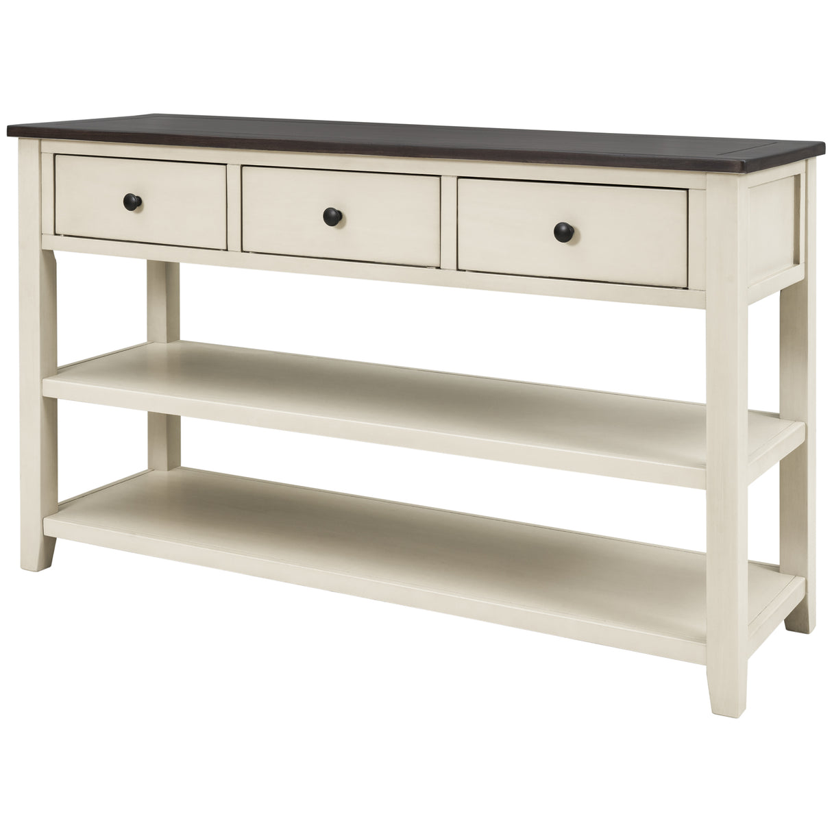 Retro Design Console Table with Two Open Shelves, Pine Solid Wood Frame and Legs for Living Room (Espresso+Beige) - V.I.P Digital Presence