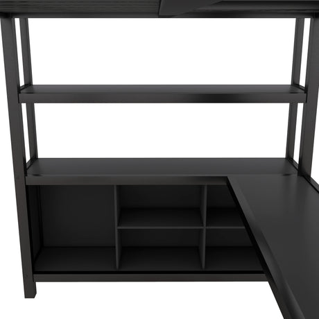 Metal loft bed with wardrobe and L-shaped desk, full-size loft bed with storage cabinet and shelf, heavy-duty loft bed, black - V.I.P Digital Presence
