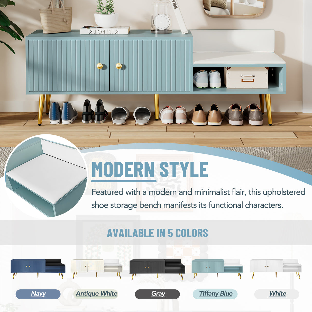 Modern Shoe Storage Bench with Hidden Storage and Upholstered Cushions for Bedside, Living Room and Entryway (Tiffany Blue) - V.I.P Digital Presence