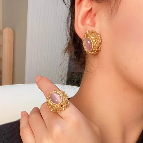 Vintage Metal Stud Earrings Natural Stone Opal Brass for Women Gold Color Jewelry New Elegant Travel Gift - V.I.P Digital Presence