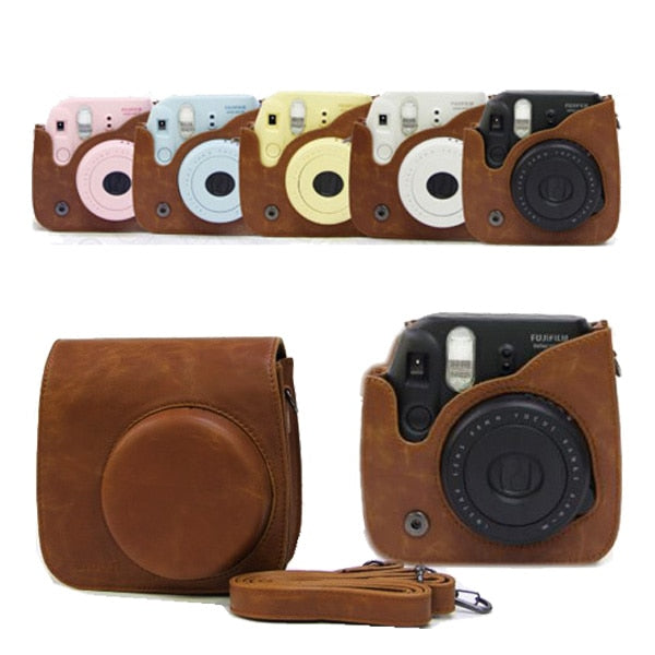 Estuche de cuero sintético para cámara Fujifilm Instax Mini 8 Mini 9, color negro, con correa para el hombro y cubierta de cristal transparente. 