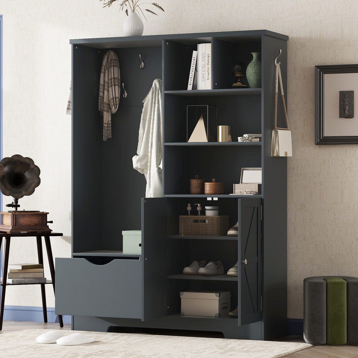 Multi-functional Hall Tree with Storage Shelves Drawers and Cabinet, Elegant Hallway Shoe Cabinet with Bench Antique Blue - V.I.P Digital Presence