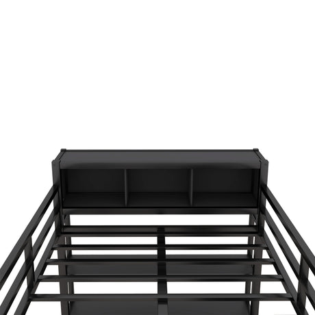 Metal loft bed with wardrobe and L-shaped desk, full-size loft bed with storage cabinet and shelf, heavy-duty loft bed, black - V.I.P Digital Presence