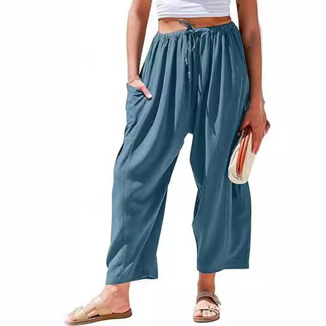 European and American women's elastic waisted pleated high waisted wide leg loose Haren cotton linen pants - V.I.P Digital Presence