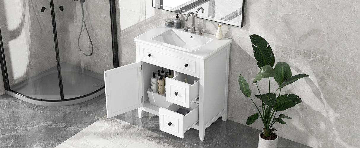 30" Bathroom Vanity with Sink Top, Bathroom Vanity Cabinet with Door and Two Drawers, Solid Wood Frame, One Package, White - V.I.P Digital Presence