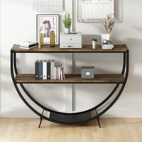 TREXM Rustic Industrial Design Demilune Shape Textured Metal Distressed Wood Console Table (Distressed Brown) - V.I.P Digital Presence