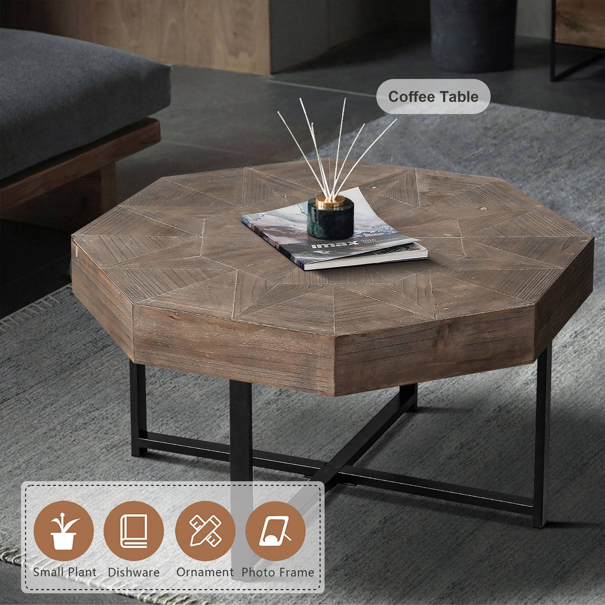 Wooden octagonal retro patchwork craft 30 inch wooden tabletop cross metal leg coffee table (antique brown) - V.I.P Digital Presence