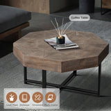 Wooden octagonal retro patchwork craft 30 inch wooden tabletop cross metal leg coffee table (antique brown) - V.I.P Digital Presence
