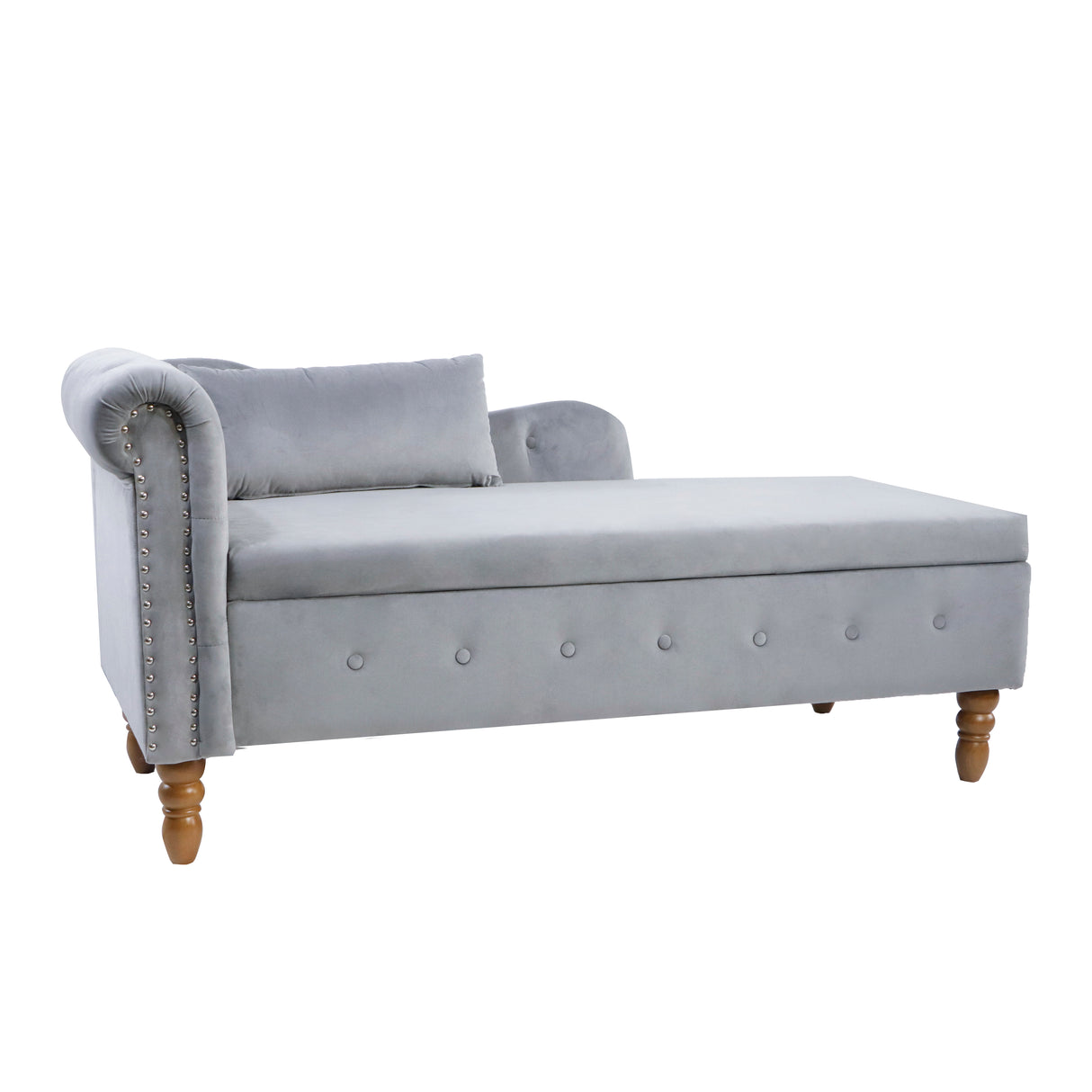 Grey Chaise Lounge Indoor Velvet Lounge Chair for Bedroom with Storage & Pillow Modern Upholstered Rolled Arm Chase Lounge - V.I.P Digital Presence