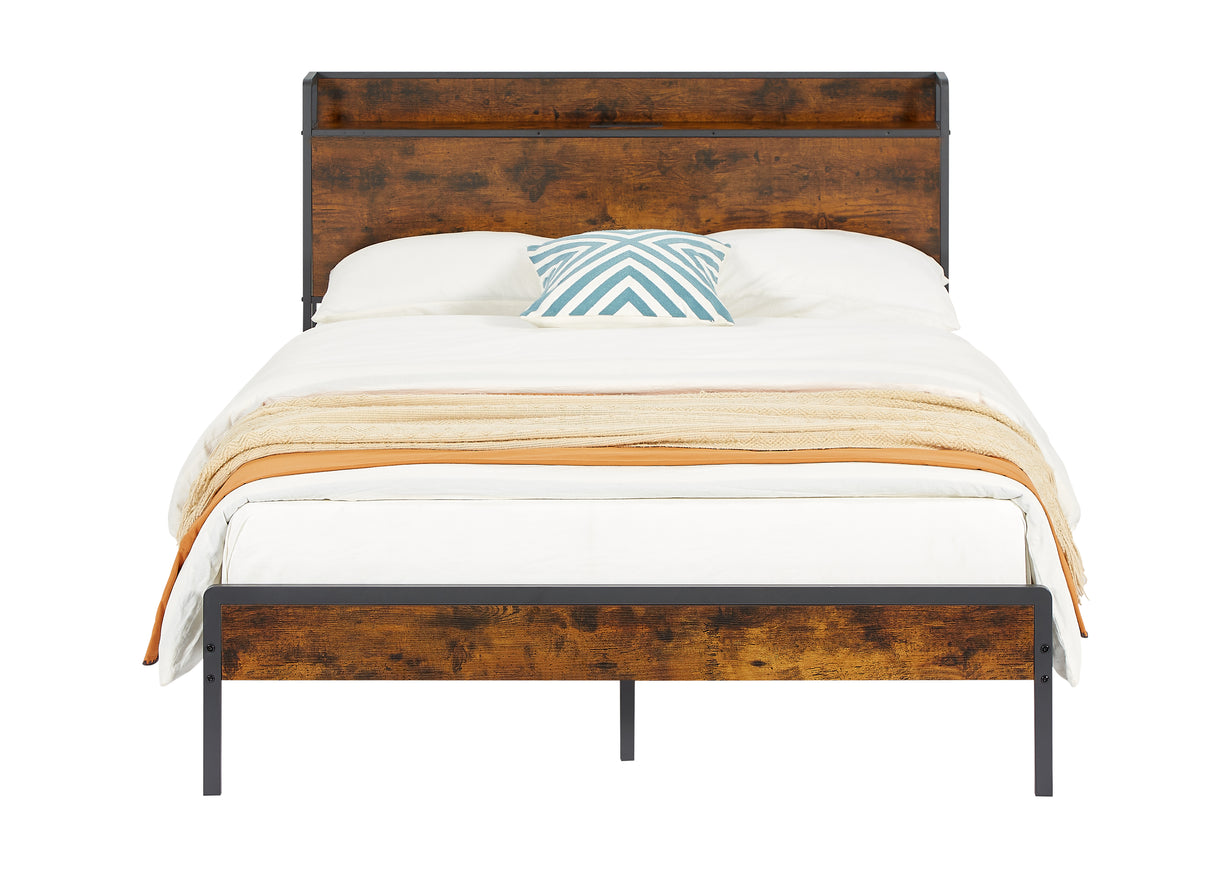 Bed frame with charging station full size, Rustic Brown, 83.1'' L x 56.1'' W x 39'' H - V.I.P Digital Presence