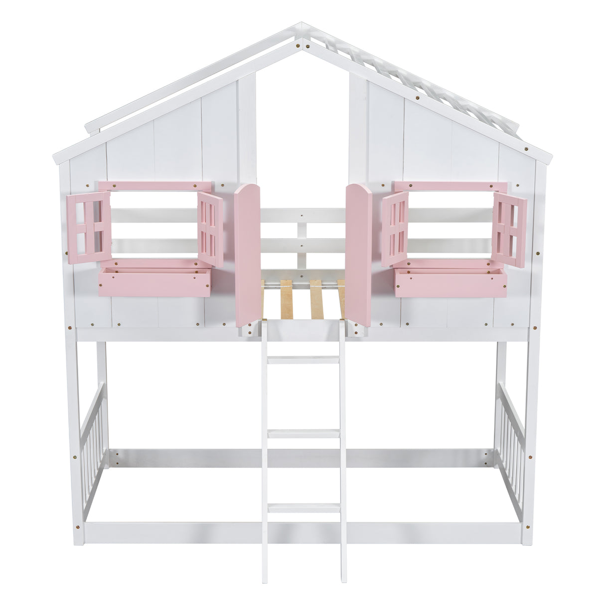 Twin over Twin House Bunk Bed with Roof , Window, Window Box, Door , with Safety Guardrails and Ladder, Pink/White - V.I.P Digital Presence