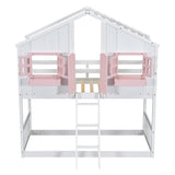Twin over Twin House Bunk Bed with Roof , Window, Window Box, Door , with Safety Guardrails and Ladder, Pink/White - V.I.P Digital Presence