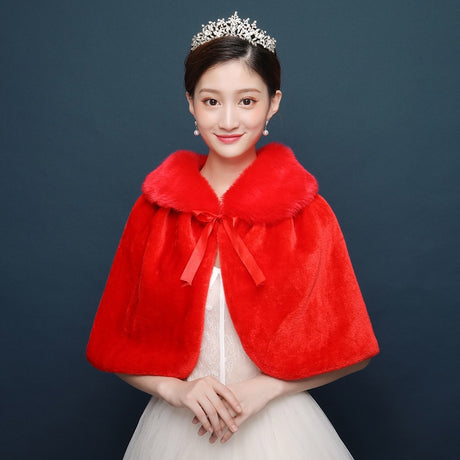 Bride's wedding dress fur shawl women's warm white cloak cheongsam jacket red cloak - V.I.P Digital Presence