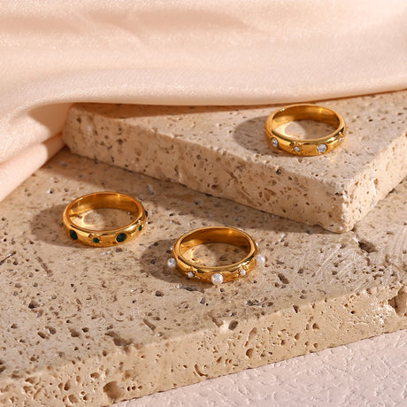 18K Gold Plated Green Zircon Pearl Rings For Women Waterproof Hypoallergenic Dainty Gold Ring Stainless Steel Jewelry - V.I.P Digital Presence