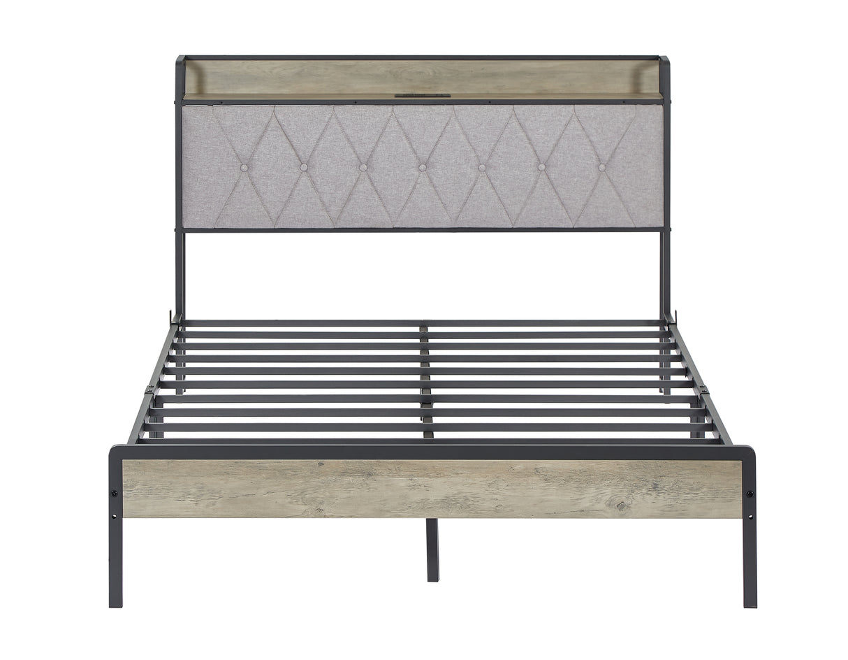 Bed frame with charging station full size, Grey, 83.1'' L x 56.1'' W x 39.2'' H. - V.I.P Digital Presence