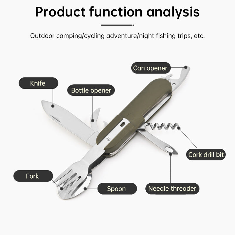 Vajilla plegable multifuncional 7 en 1 de acero inoxidable para acampar al aire libre: tenedor, cuchara y cuchillo. Herramientas de supervivencia para picnic y camping.