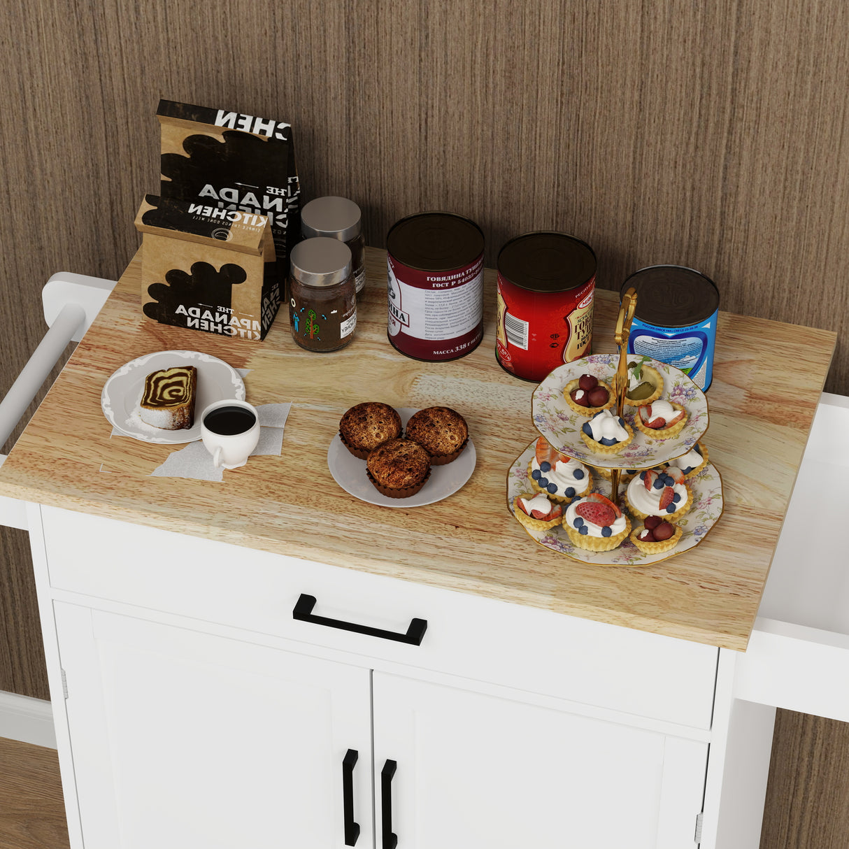Kitchen island rolling trolley cart with 1 drawer & 2 doors with storage racks & Adjustable Shelves & towel rack - V.I.P Digital Presence