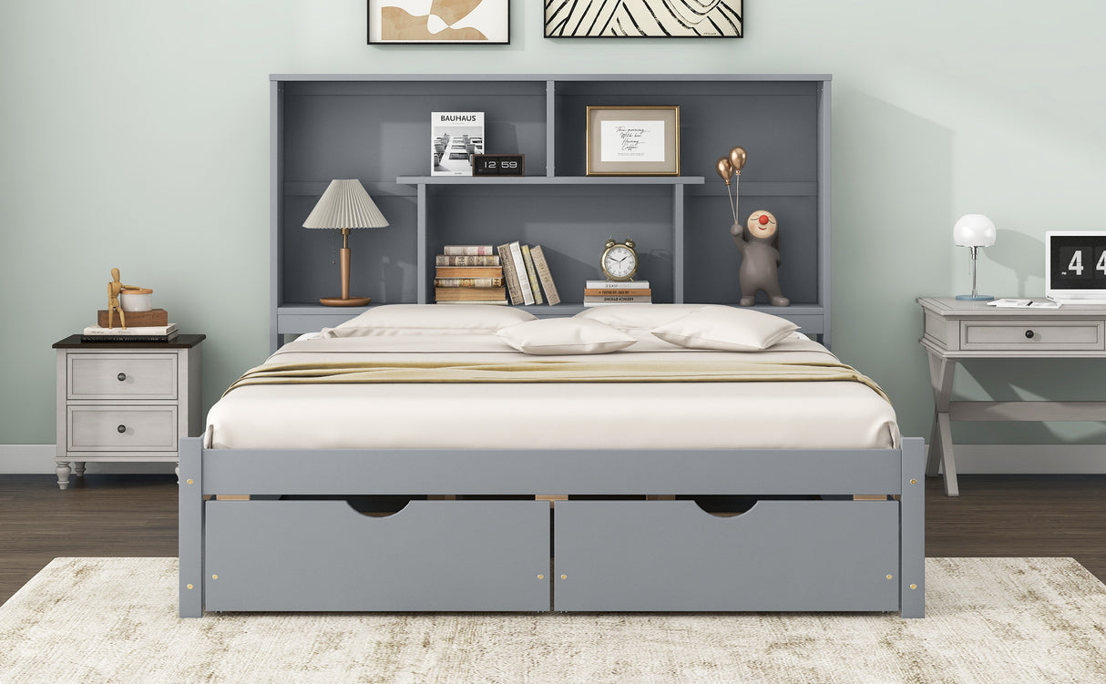 Queen Size Platform Bed with Storage Headboard and 2 Drawers, Gray - V.I.P Digital Presence