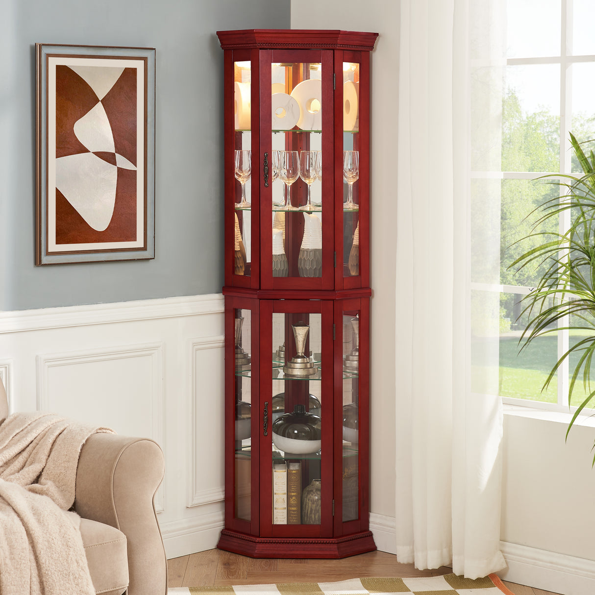 Corner Curio cabinet with illuminated glass display stand and tempered glass door, with adjustable bracket and light bulb - V.I.P Digital Presence