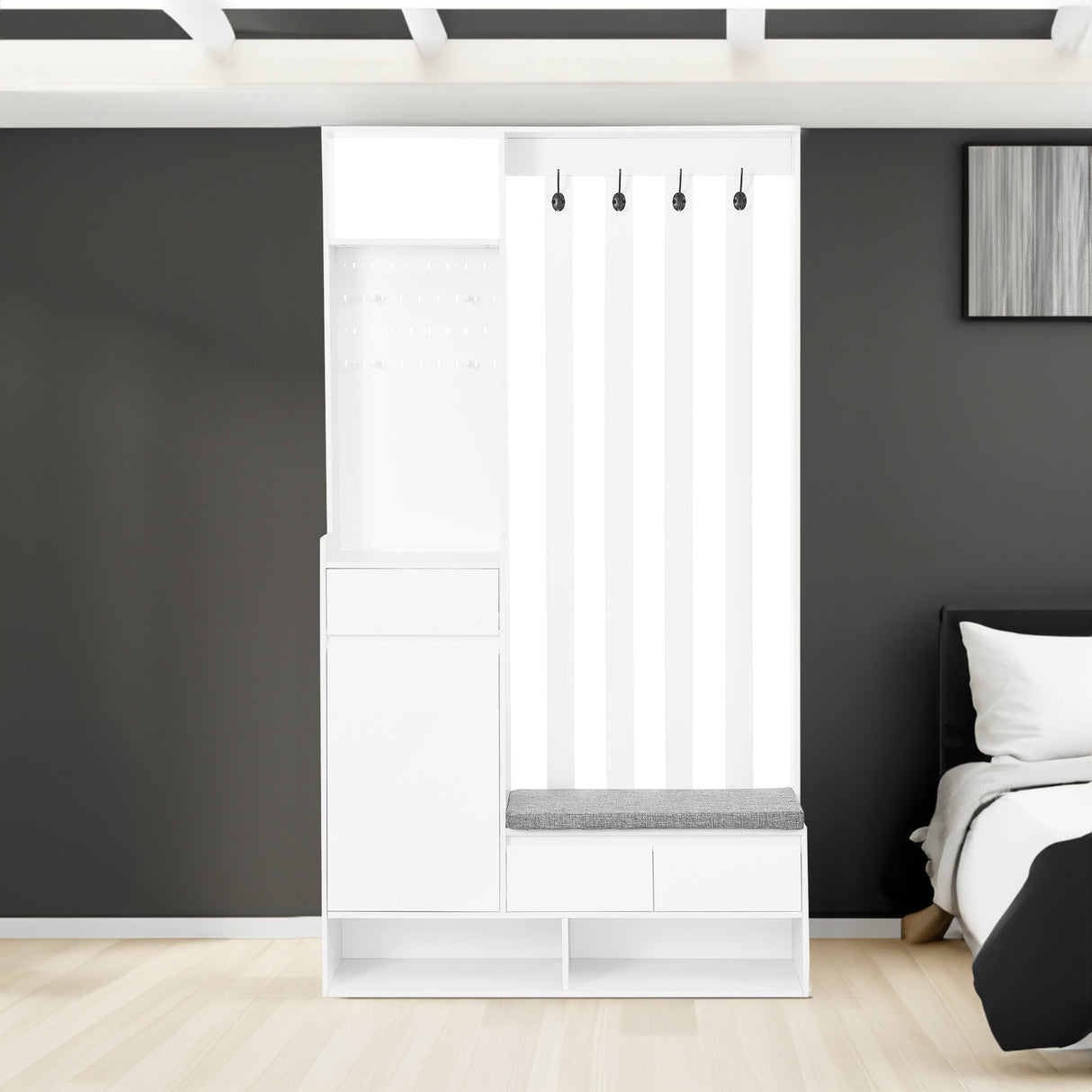 39.3'W70.8'H multifunctional corridor shoe cabinet with soft padded nail board and white clothes hanger with entrance hook - V.I.P Digital Presence